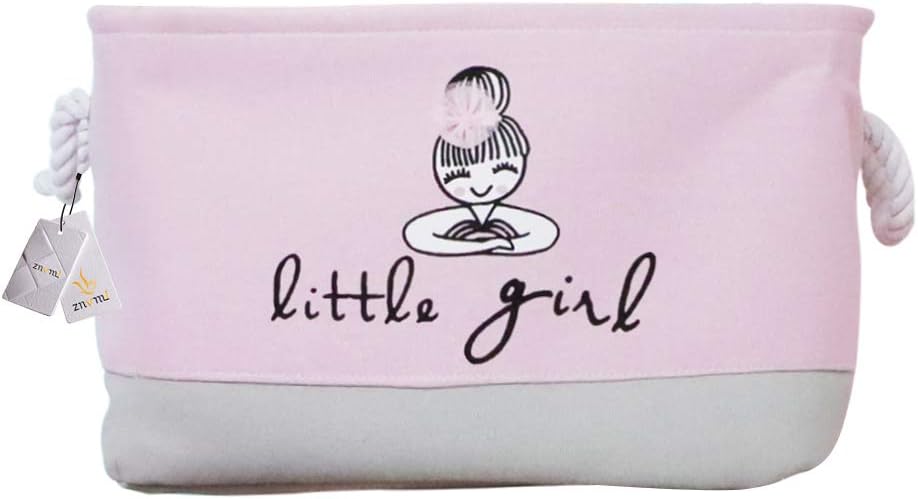 ZnvmiLarge Rectangular Storage Basket Baby Girls Toy Box Foldable Fabric Canvas Hamper for Laundry, Nursery, Closet, Shelf - Bowknot/Pink