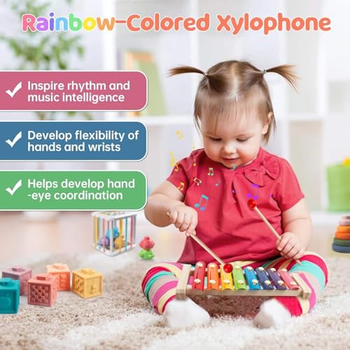 Montessori Baby Toy for 1+ Year Old Sorting Stacking Learning Toys 6-12 Months Wooden Building Blocks, Xylophone Musical, Infant Teethers Toys, 6 in 1 Toy Birthday Gifts for Toddlers 1 2 3 (multi)