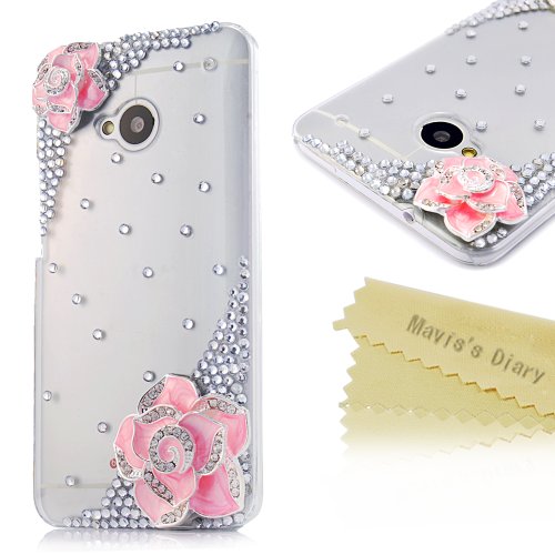Mavis's Diary New 3D Handmade Bling Crystal Camellia Design Sparkle Glitter Rhinestone Diamond Case Cover Hard for HTC ONE M7 with Soft Clean Cloth and Screen Protector (Pink)