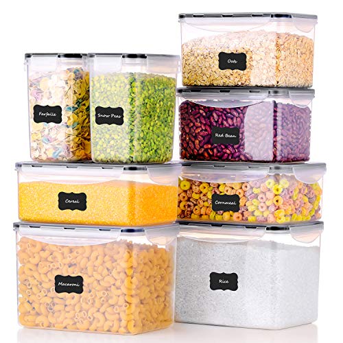 ME.FAN Food Storage Containers [Set of 8] Airtight Storage Keeper with 24 Chalkboard labels Ideal for Cereal, Sugar, Flour, Baking Supplies – BPA Free – Clear Plastic with Black Lids