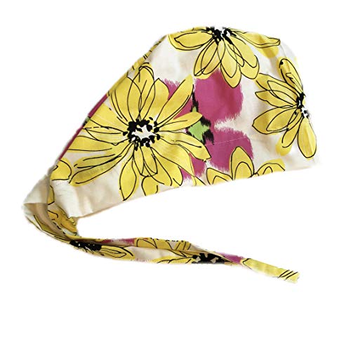 Grace N May Scrub Cap Surgical Women - Front Fold Tie Back - Big Yellow Flowers