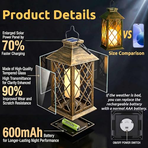 Joycome Outdoor Lanterns 2 Pieces Solar Garden Lantern with Flickering Candles, Solar Lamp Hanging Waterproof Table Lamps for Terrace Balcony Decorations – Copper
