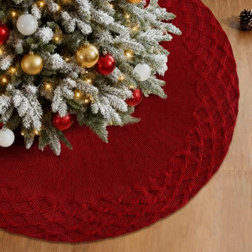 UXORSN Weihnachtsbaum Decke Rock 122cm Gestrickter Christbaumdecke Rund Burgund Gewebtes Karomuster Weihnachtsbaumdecke Große Christbaumständer Weihnachtsbaum Teppich Für Zuhause Urlaub Weihnachtsdeko