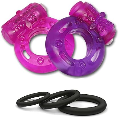 Lovearea 5pcs Silicone Cockring Set with Clit Stimulator (2 x Vibrating Pleasure Rings + 3 Standard Ring) – Pleasure Enhancing Ring Set -Ring Toys for Men