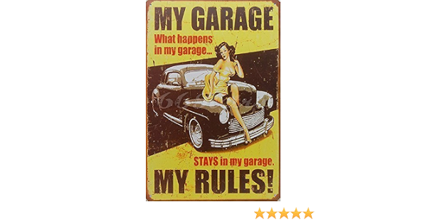 My garage My rules Funny retro metal plaque with pin up girl Man cave tin sign 