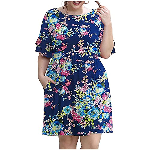 Womens Fashion Summer Plus Size O-Neck Short Ruffle Sleeve Flowy Knee  Length Dress Casual Loose Floral Midi Dress in Kenya | Whizz Vests