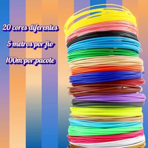 Kit Filamento PLA para Caneta 3D – 20 Cores Sortidas 1,75mm | 100 Metros Total | Refil Compatível com Caneta 3D e Impressoras 3D | Material PLA para Desenho, Modelagem e Projetos Criativos