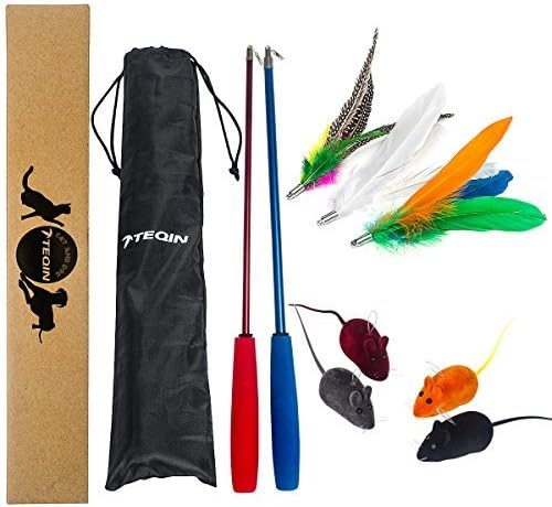 11in1 Cat Feather Toys Interactive Wand Poles With Catnip Squeaky Mice Refills Catcher for Fun Cat Kitten