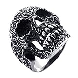 KONOV Gothic Stainless Steel Skull Biker Mens Ring, Silver Black