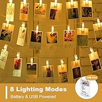 OUSFOT Photo Clips String Lights Battery & USB Powered 8 Modes Picture Hanging Lights 40 Led Photos Christmas Cards Clips Holder for Bedroom Christmas Decoration