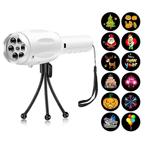 Light Projector Portable Childrens Night Light Toy 12 Patterns Xmas Halloween Birthday Handheld Flashlight Projector with Tripod for Outdoor Indoor (White)