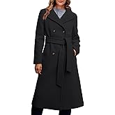Fisoew Women Double Breasted Coats Long Winter Work Office Overcoat Pocketed Outwear with Belt