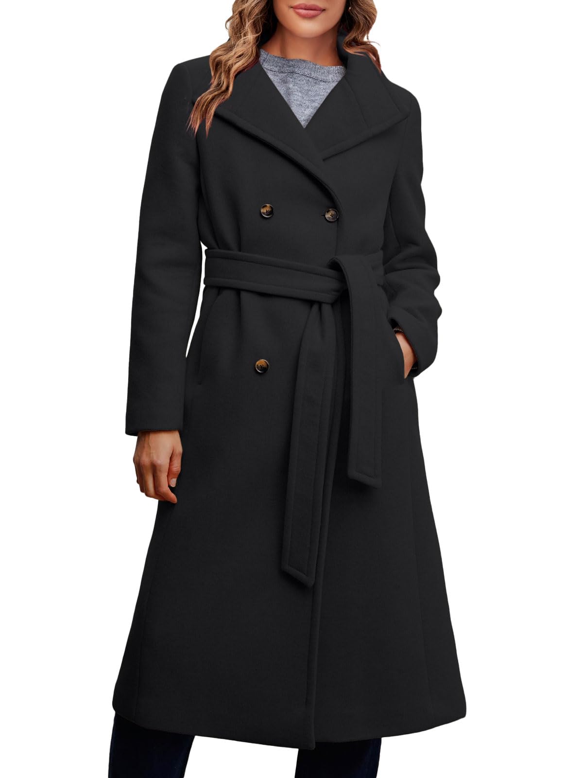 Photo 1 of Fisoew Women Double Breasted Coats Long Winter Work Office Overcoat Pocketed Outwear with Belt