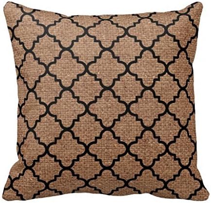Black Quatrefoil On Rustic Burlap Shabby Chic Throw Pillow Case