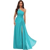 homdor One Shoulder Pleated Bridesmaid Dresses Long with Slit Chiffon A Line Formal Evening Dress for Women
