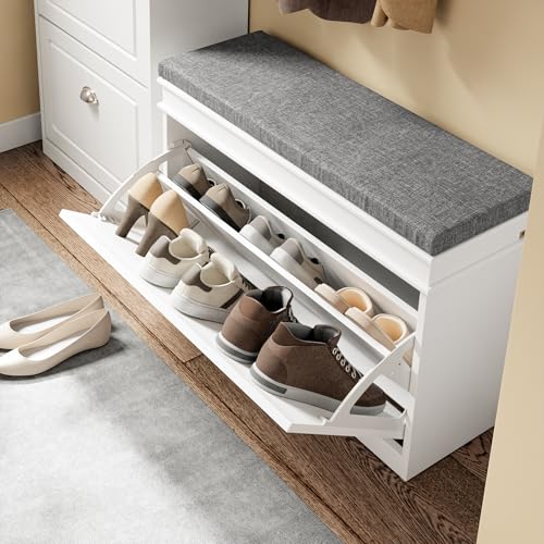 SoBuy FSR82-L-W Entrance Shoe Bench with Lid Storage and Cushion – Shoe Storage for Hallway or Living Room – 75 x 24 x 51 cm, White, FSR82-L-W