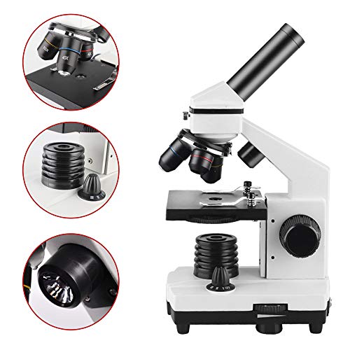 LANDOVE Compound Student Monocular Microscope with Smartphone Adapter,40X-640X Dual Light Optical Glass Lens All-Metal Microscope + Microscope 10x Eyepiece