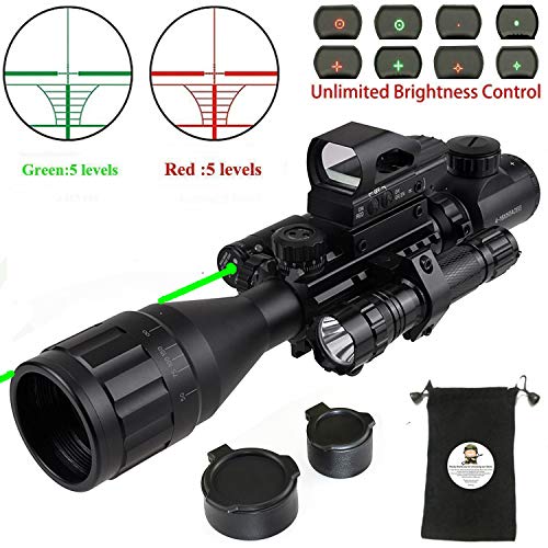 XOPin Rifle Scope Hunting Combo C4-16x50EG Dual Illuminated with Green Laser Sight 4 Holographic Reticle Red/Green Dot for Weaver/Rail Mount (Updated 4-16x50EG Green Laser)