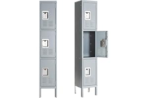 Greenvelly Metal Locker for School Office Gym Metal Storage Locker Cabinet for Employees Students Steel Locker Triple Tier with 3 Door Grey