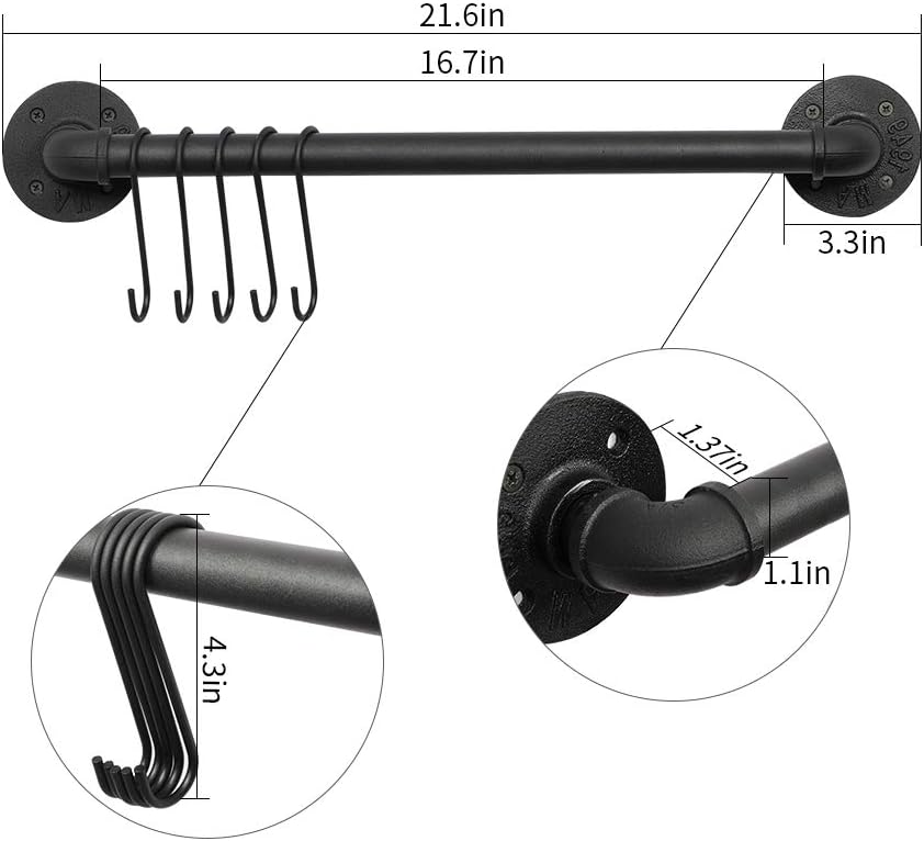 OROPY Wall Mounted Pot Pan Rack 21'' Set of 2, Industrial Utensils Wall Holder Iron Pipe Kitchen Hanging Rail with 10 S Hooks Black: Home Improvement