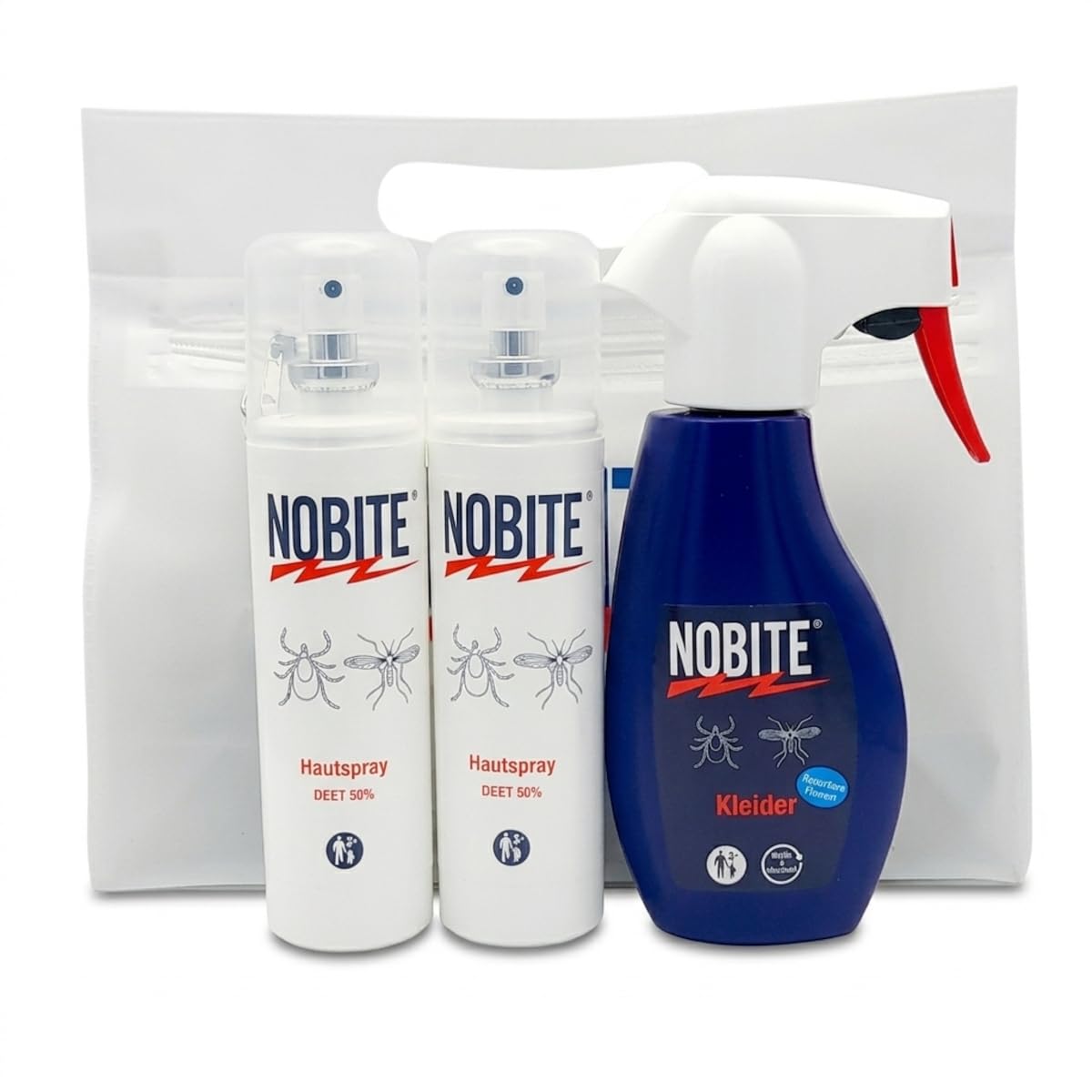 NOBITE Insektenschutz Set (3-teilig) + Kulturtasche – Mückenschutz & Kleider-Imprägnierung gegen Zecken, Tropen & Reisen – DEET 50% Hautspray 2x100ml + 200ml Kleiderspray – Langanhaltend für Familie