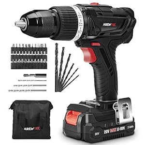 Image of AREWTEC Cordless Hammer Drill, 20V Drill Driver Set 2.0Ah Lithium-Ion Battery 45NM 398 In-lbs with 2 Speed,1/2" KEYLESS METALLIC CHUCK,19+2 Torque Adjustment,1 Hour Fast Charger,45 Accessories
