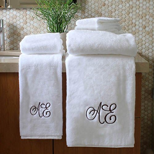 Personalized Monogrammed Decorative Bath Linens for Home, Office, and Gifts. Hotel Collection 100% USA Made 6-Piece Towel Set - White - 2 Bath, 2 Hand &amp; 2 Wash Towels. Luxurious Boutique Towels.