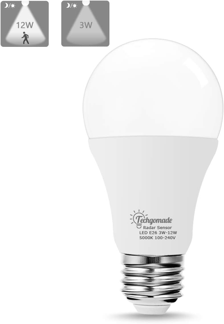 TechgoMade Radar Motion Sensor LED Light Bulbs, E26 Base A19 Bulbs, 25W 100W Equivalent, Daylight 5000K, LED Night Light, Tracking Light, Auto On/Off, Security Bulb, Movement Motion Sensor Light