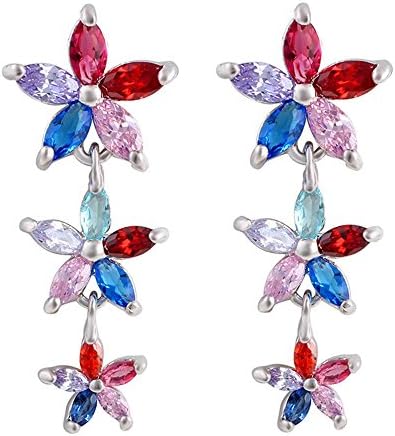 Shuyani 18K White Gold plated Adorable Multicolor Flower Pear Cut Cubic Zirconia CZ Dangle Drop Earrings