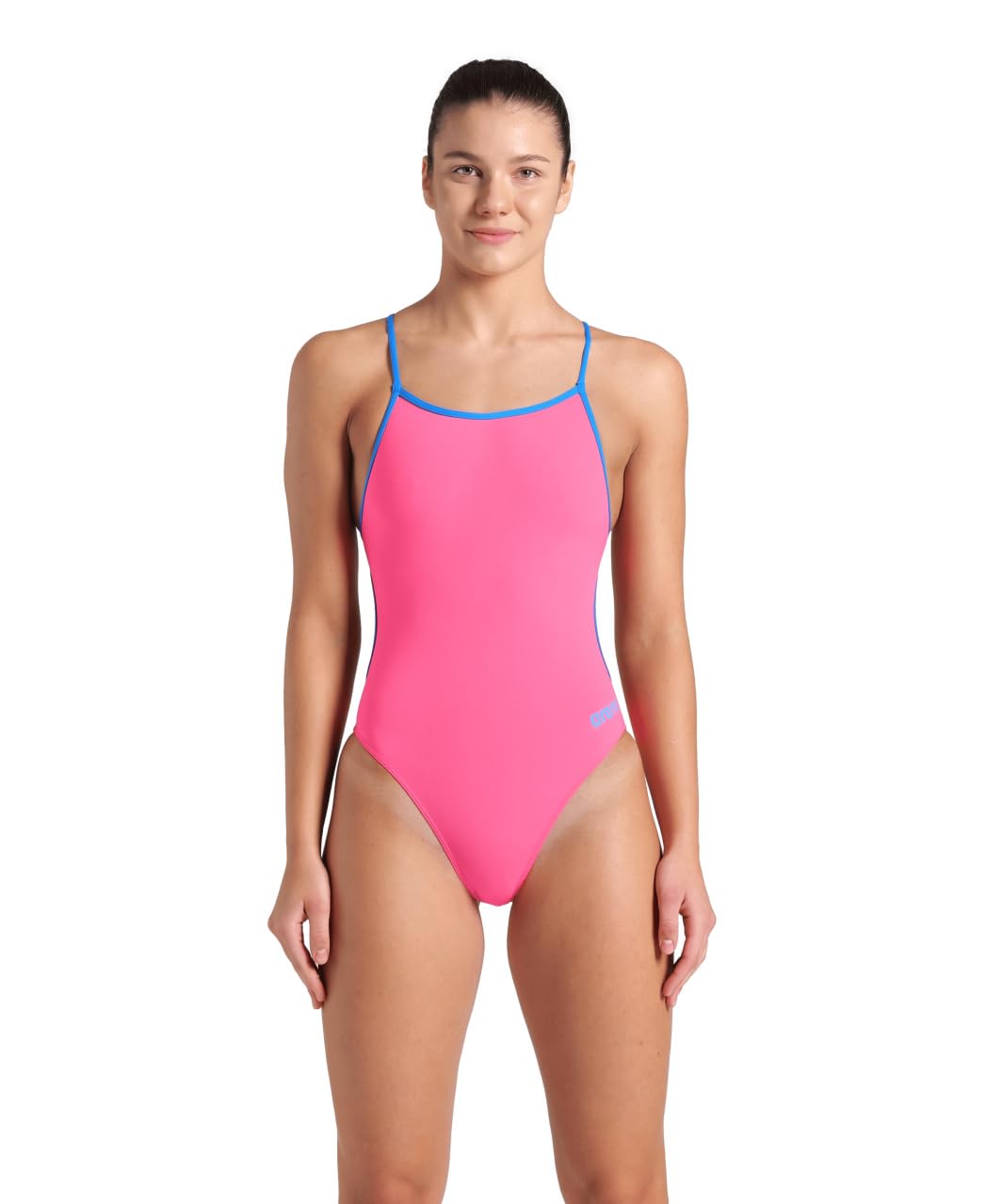 ARENA Women’s Solid Team MaxLife Sports Swimsuit Lace Back One Piece Racing Bathing Suit Competition Training Athletic Swimwear, Shocking Pink/Blue River, US Size 38