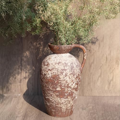 Brown Ceramic Rustic Farmhouse Vase Jug Pitcher with Handle, Distressed Antique Terracotta Pottery Flower Vase 14.2 Inch Handmade Large Floor Vintage Decorative for Home Living Room Decor