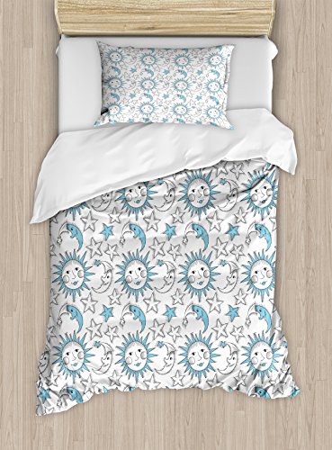 Sun and Moon Duvet Cover Set by Ambesonne, Kids Playroom Baby Pattern Sketchy Doodles Funny Happy Cute Space, 2 Piece Bedding Set with 1 Pillow Sham, Twin / Twin XL Size, Light Blue White Black