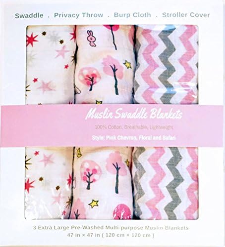 Swaddle Blanket – 100% COTTON MUSLIN – Soft and Hypoallergenic - Perfect Gift 3 pack for Baby Boy/Baby Girl with FREE BANDANA BIB (Pink)