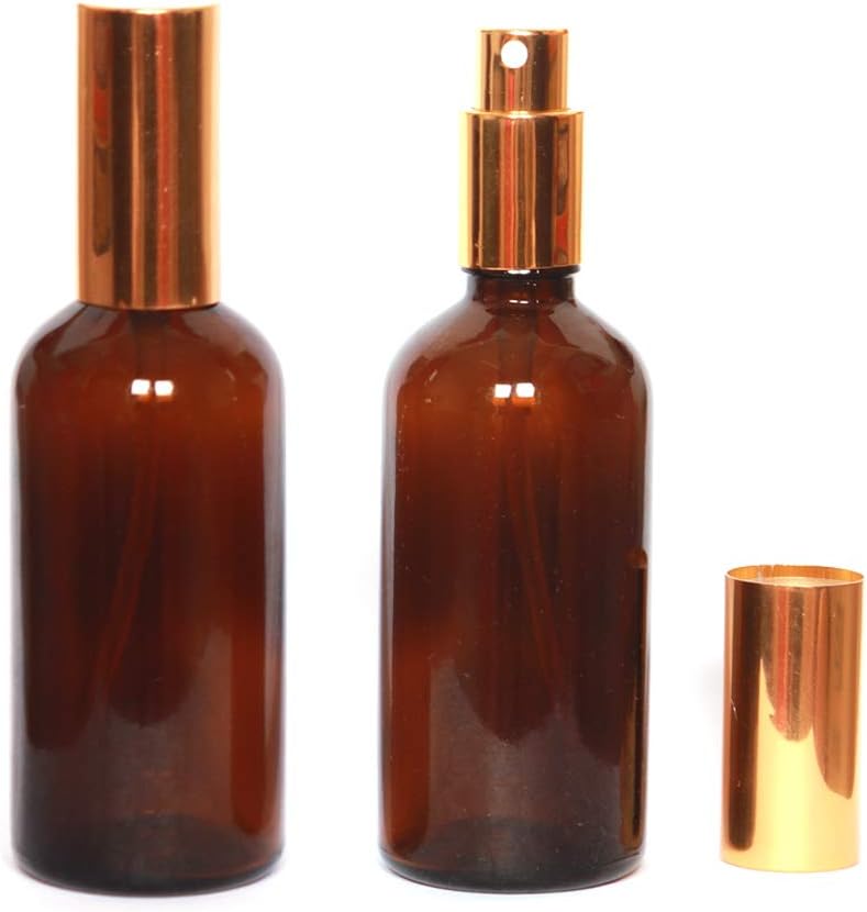 2 Pack set Amber Glass Spray Bottles for Essential Oils - with Fine Mist Sprayers (4 oz Amber Gold)