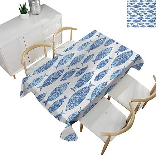 Blue,Tablecloth Factory Fish Sea Animal Figures with Ancient Ottoman Ornate Mosaic Hand Drawn Style Marine Artwork Table Cloth Cover Wedding Event Party Blue 70"x 90"