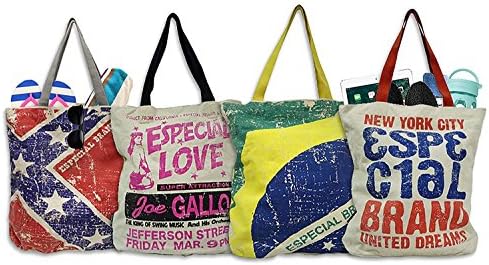 Especial Heavy Duty Cotton Reusable Shopping Tote Bags w/ Vintage Print ( 4 Pack)