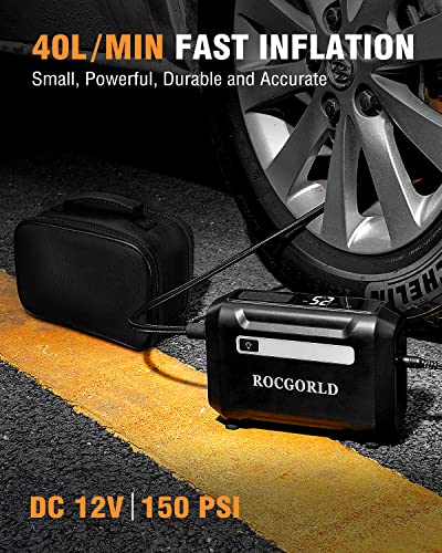 ROCGORLD R7 Digital Air Pump for Car Tires, 12V DC Tire Inflator Portable Air Compressor with Emergency LED Light, Max 150 PSI Auto Shut Off Air Compressor Portable for Car, Motorcycle, Bicycle, etc.