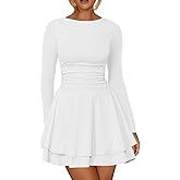 Kaximil Women's Crew Neck Long Sleeve Corset Mini Dress Ruffle Hem Short Party Club Dresses