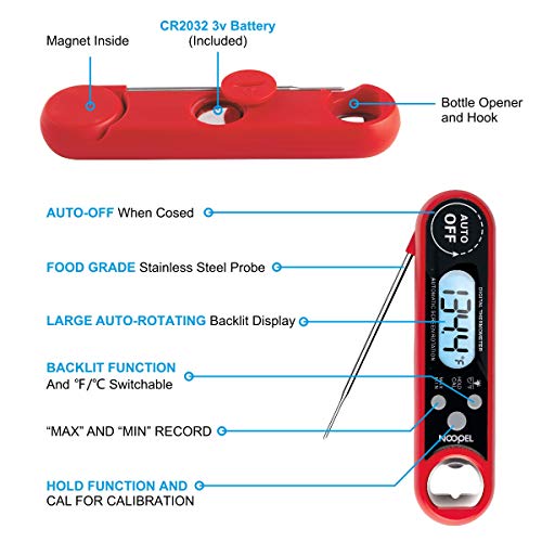 Meat Thermometer NOOPEL Digital Instant Read BBQ Thermometer IP67 Waterproof with Calibration and Large Backlit Light for Food Cooking Candy Grill Smokers Barbecue Baking Turkey (Red) - Thumbnail 2
