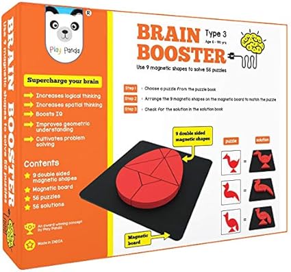 Play Panda Brain Booster Set 3 (Junior) - 56 Puzzles Designed to Boost Intelligence - with Magnetic Shapes, Magnetic Board, Puzzle Book and Solution Book