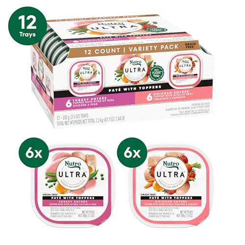 NUTRO ULTRA WET DOG FOOD PATE WITH TOPPERS CHICKEN & TURKEY ENTREE VARIETY PACK, 3.5 OZ. TRAYS (12 COUNT, PACK OF 1)