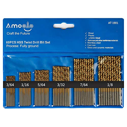 amoolo Drill Bit Set (60 pcs), Titanium Coated Twist Drill Bits for Wood, Soft Metal, Plastic, Aluminum Alloys, 1/8"-3/64"