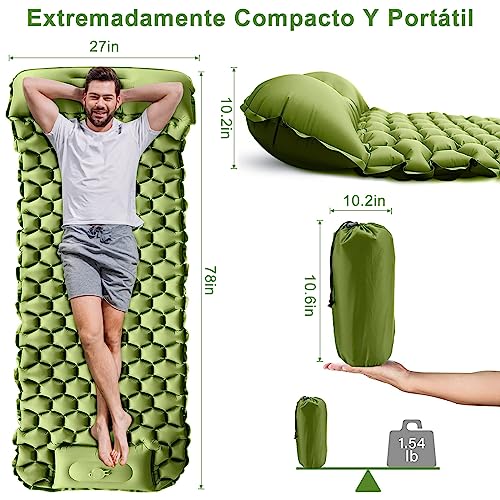 Colchoneta Inflable Camping con Almohada Incorporada, Colchoneta Inflable para Dormir, Colchón Camping Estera Durmiente Portátil, para Mochileros, Senderismo, Tiendas de Campaña y Viajes (Verde)