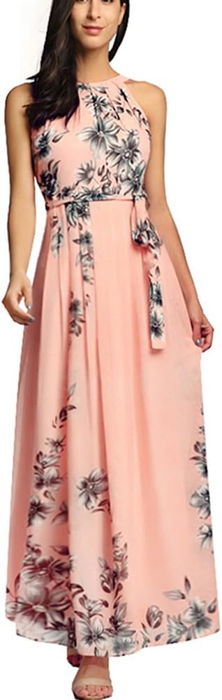 Afoxsos Women Floral Print Plus Size Maxi Dress Bohemia Halter Neck Chiffon Casual Dress