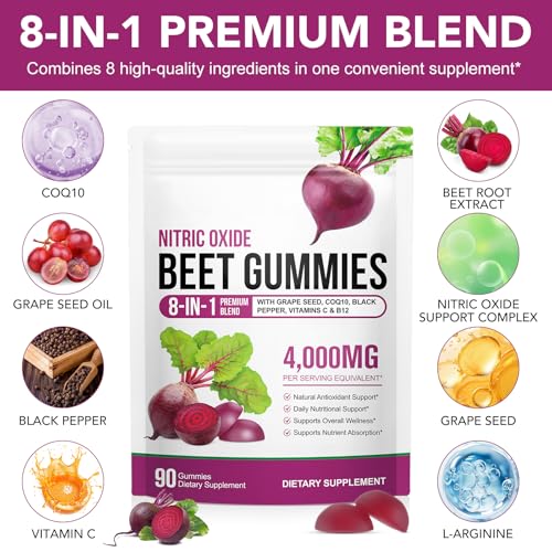 Beet Root Gummies for Blood Pressure, Nitric Oxide Booster, Heart Health, Energy Level Suport | with CoQ10 & 20:1 Beet Root Extract, Grapeseed Extract, Vitamin B12/C, Sugar-Free | 90 Chews
