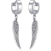 Angel Wings Dangle Small Hoop Earrings for Women Men Stainless Steel Hypoallergenic Gothic Style Round Huggie Punk Feather Dangling Cuff Drop Mini Hoops Fashion Jewelry Gifts Birthday for BFF
