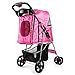 Flexzion Pet Stroller (Pink) Dog Cat Small Animals Carrier Cage 4 Wheels Folding Flexible Easy to Carry for Jogger Jogging Walking Travel Up to 30 Pounds with Sun Shade Cup Holder Mesh Window