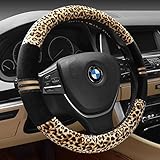 Car Leopard Print Steering Wheel Covers Fuzzy Velvet and Carbon Fiber Automotive Interior Protection Anti Slip Wrap Universal Fit for 15 inch (Yellow&Black)