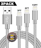 BULESK Lightning Cable 3Pack 3FT 6FT 10FT Nylon Braided Certified Lightning to USB iPhone Charger Cord for iPhone X 8 7 Plus 6S 6 SE 5S 5C 5, iPad 2 3 4 Mini Air Pro, iPod Nano 7 Gray