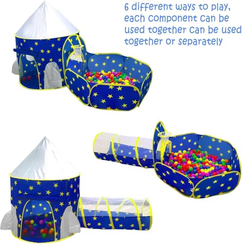 3pcs Kids Play Tent for Boys with Ball Pit, Crawl Tunnel, Princess Tents for Toddlers, Baby Space World Playhouse Toys, Boys Indoor& Outdoor Play House, Perfect Kid’s Gifts.BLUE